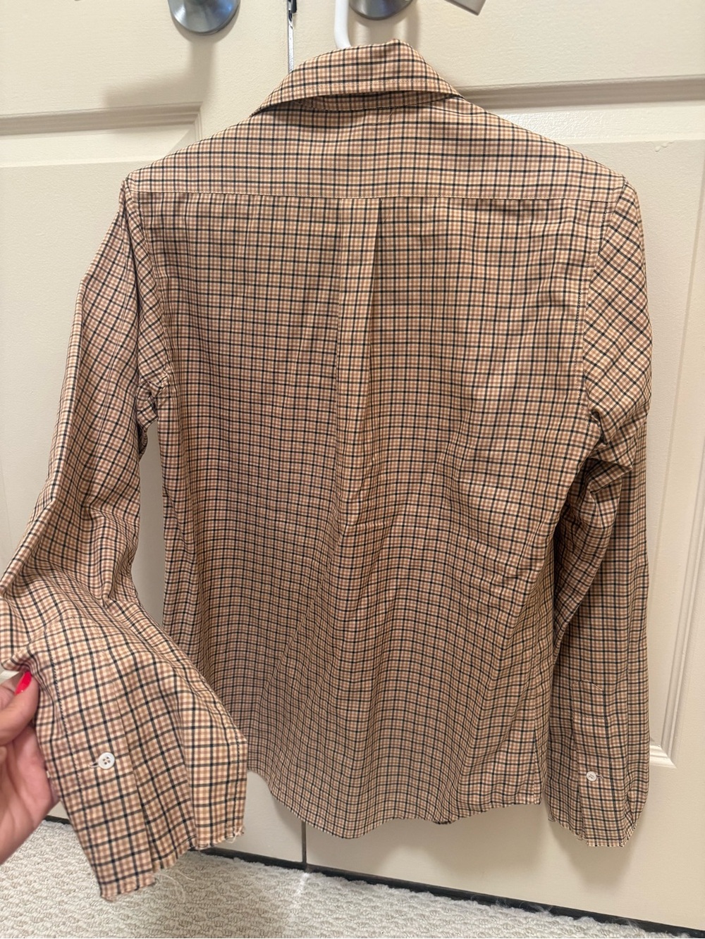 Miu Miu Tan Plaid Button-Up Shirt with Logo - Picture 6 of 6
